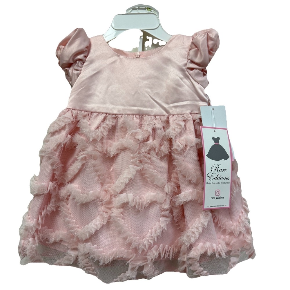 NWT Rare Editions Baby Girls 2 Piece Blush Party Dress Set 3-6M Puff Sleeve